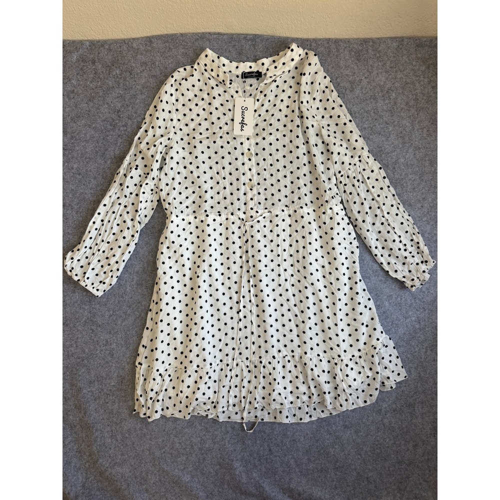 Sucrefas Women Polka Dot Button Front Ruffle Hem Dress XL White Black